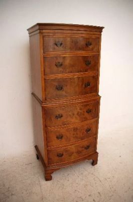 Antique Georgian Style Burr Walnut Bow Fronted Chest on Chest