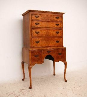 Antique Queen Anne Style Burr Walnut Tallboy on Legs