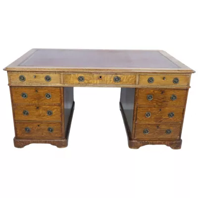 Antiker Partners Desk aus massiver Eiche, rotes Leder, ca. 1840