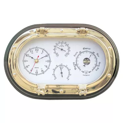 Maritim by Morris Uhr, Baro-, Thermo- & Hygrometer im ovalen Bullauge auf Holz, 31x20,5cm