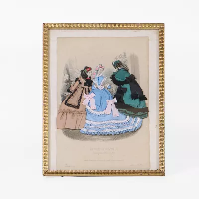 Französisches Modebild, Viktorianisches Diorama mit Modepuppe und antikem Kleid