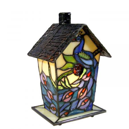 Clayre & Eef Dekolampe im Tiffany-Stil Vogelhaus Pfau 20 x 12 cm