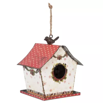 Clayre & Eef Vogelhaus Weiß Dach Rot mit weißen Punkten zum Aufhängen ca. 18 x 15 x 20 cm