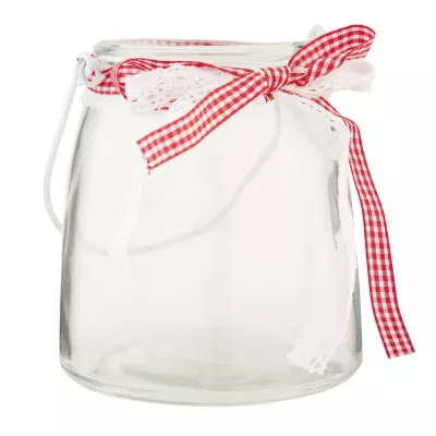 Clayre & Eef Schönes Windlicht Glas mit Schleife rot kariert 11*12cm
