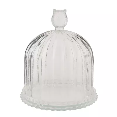 Clayre & Eef Glashaube Tortenständer Cloche mit EULE ca. 15 x 18 cm