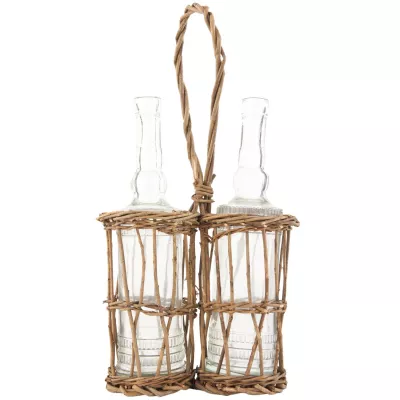 Clayre & Eef Korb mit 2 Flaschen Glasflaschen Flaschenhalter Rattan ca. 19 x 44 cm