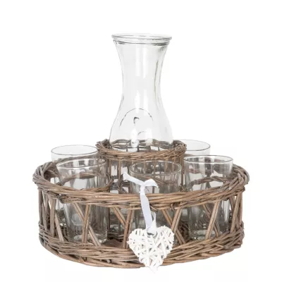 Clayre & Eef Karaffe 7teiliges Set im Rattan Korb ca. Ø 30 x 32 cm