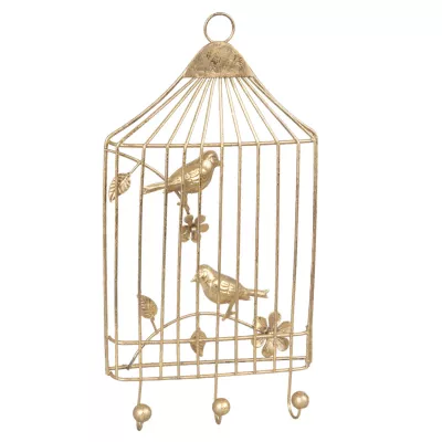 Wandgarderobe mit 3 Haken Vogelkäfig Vögel goldfarbig ca. 17 x 4 x 32 cm