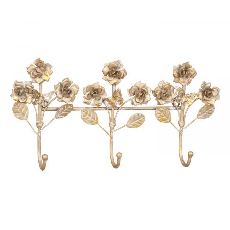 Clayre & Eef Garderobe mit drei Haken Blumen goldfarbig ca. 38 x 18 x 6 cm