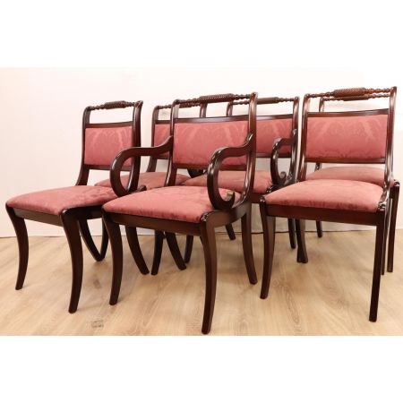 6er Set antike Stühle aus Mahagoni mit Polstern, Regency Style, ca. 19. Jh.