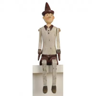 Clayre & Eef Große Deko Holz Pinokkio sitzend, beige/braun
