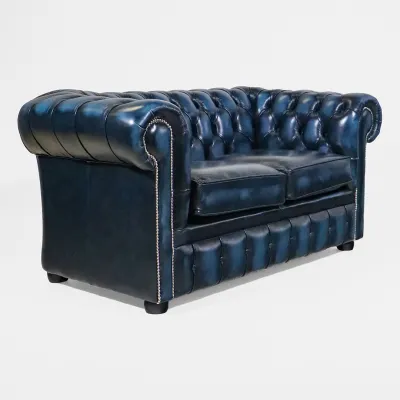 Original Chesterfield 2-Sitzer Ledersofa in Blau "London Classic" – Vintage Look & Handarbeit aus England - schnelle Lieferung