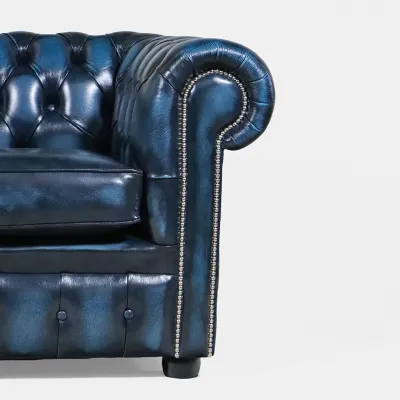 Original Chesterfield 2-Sitzer Ledersofa in Blau "London Classic" – Vintage Look & Handarbeit aus England - schnelle Lieferung