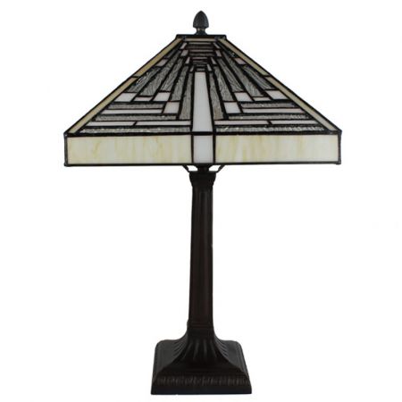 Clayre & Eef Tiffany Tischlampe mit beigen Glas, quadratische Schreibtischlampe