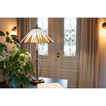 Clayre & Eef Tiffany Tischlampe Ø 41x69 cm Beige Braun Glas Rund Schreibtischlampe Tiffany