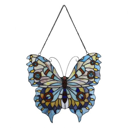 Clayre & Eef Tiffany Fensterbild Schmetterling 40x60 cm Blau Glas Glas Kunst Glasmalerei