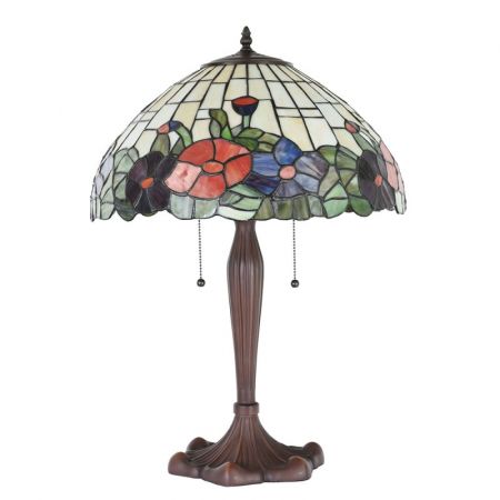 Clayre & Eef Tiffany Tischlampe Ø 42x60 cm  Beige Rot Glas Kunststoff Blumen Rund Schreibtischlampe Tiffany