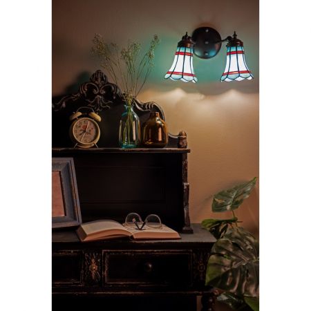 Clayre & Eef Tiffany Wandlampe 30x23x23 cm Blau Rot Glas Metall Wandleuchte Stimmungslampe