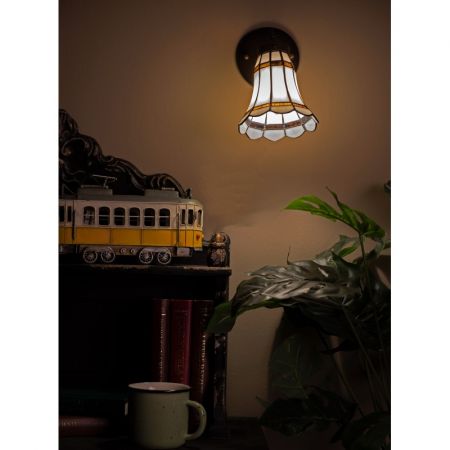 Clayre & Eef Tiffany Wandlampe 17x12x23 cm  Weiß Braun Glas Metall Rund Wandleuchte Stimmungslampe