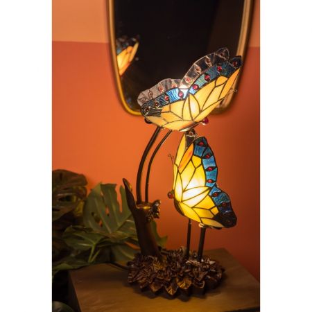 Clayre & Eef Tiffany Tischlampe 24x17x47 cm  Blau Gelb Glas Kunststoff Schmetterlinge Schreibtischlampe Tiffany