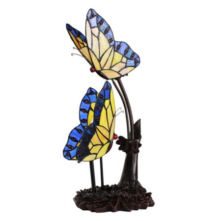 Clayre & Eef Tiffany Tischlampe 24x17x47 cm  Blau Gelb Glas Kunststoff Schmetterlinge Schreibtischlampe Tiffany