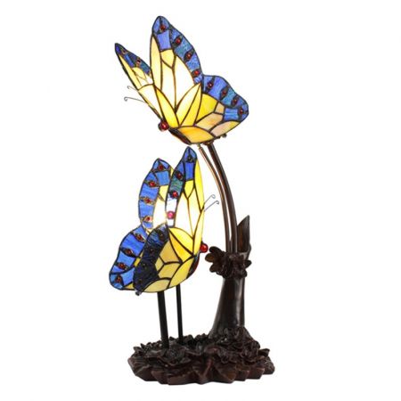 Clayre & Eef Tiffany Tischlampe 24x17x47 cm  Blau Gelb Glas Kunststoff Schmetterlinge Schreibtischlampe Tiffany