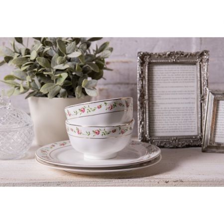 Clayre & Eef Essteller Ø 21 cm Weiß Rosa Porzellan Blumen Rund