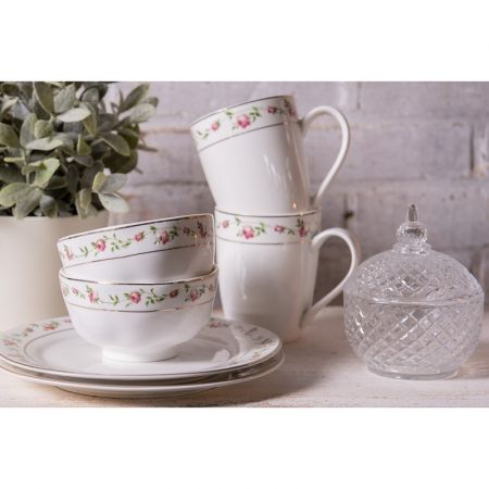 Clayre & Eef Essteller Ø 21 cm Weiß Rosa Porzellan Blumen Rund