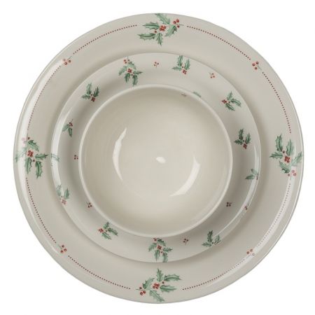 Clayre & Eef Servier Schale Ø 14 cm Beige Grün Keramik Stechpalmenblätter Rund Schüssel