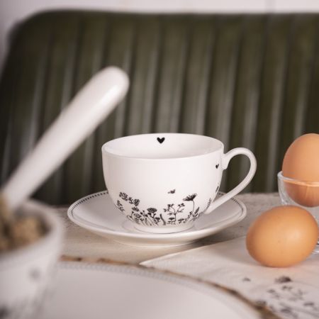 Clayre & Eef Tasse mit Unterteller 200 ml Beige Schwarz Porzellan Blumen Kaffee