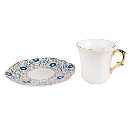 Clayre & Eef Kaffeetasse mit Unterteller 95 ml Weiß Blau Porzellan Tasse mit Unterteller Kaffee