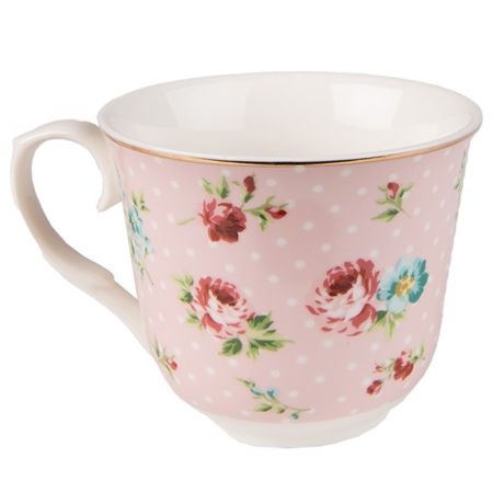 Clayre & Eef Kaffeetasse mit Unterteller 250 ml Rosa Porzellan Blumen Tasse mit Unterteller Kaffee