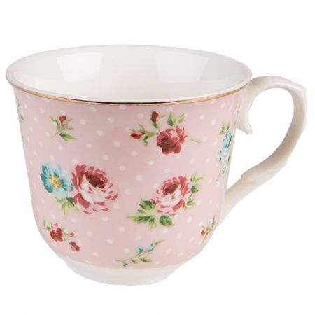 Clayre & Eef Kaffeetasse mit Unterteller 250 ml Rosa Porzellan Blumen Tasse mit Unterteller Kaffee