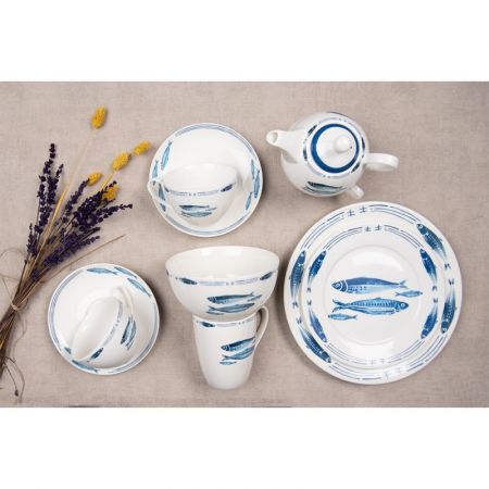 Clayre & Eef Kaffeetasse mit Unterteller 250 ml Weiß Blau Porzellan Fische Tasse mit Unterteller Kaffee