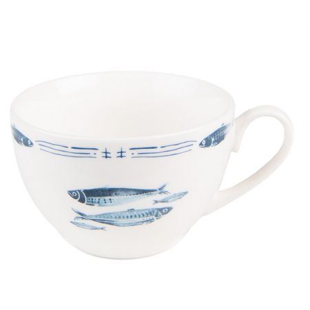 Clayre & Eef Kaffeetasse mit Unterteller 250 ml Weiß Blau Porzellan Fische Tasse mit Unterteller Kaffee