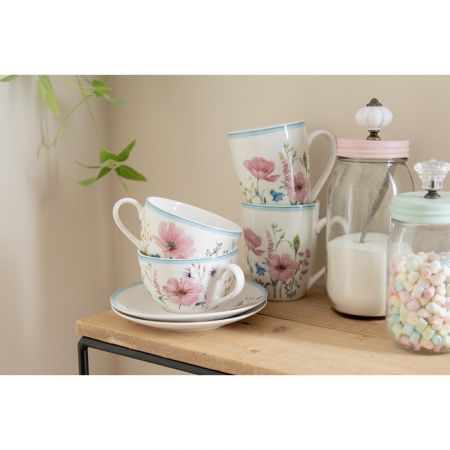 Clayre & Eef Tasse mit Unterteller 230 ml Weiß Rosa Porzellan Blumen Kaffee