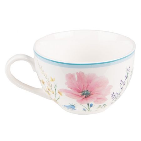 Clayre & Eef Tasse mit Unterteller 230 ml Weiß Rosa Porzellan Blumen Kaffee