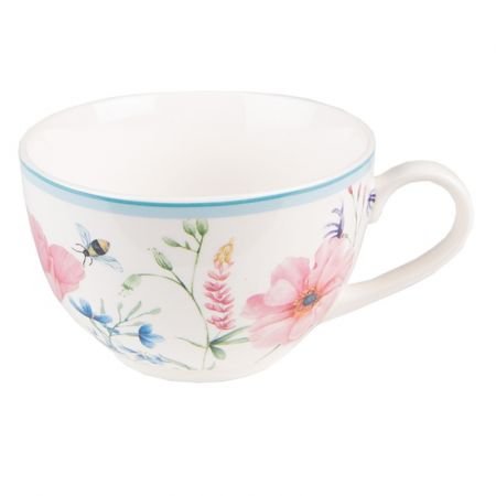 Clayre & Eef Tasse mit Unterteller 230 ml Weiß Rosa Porzellan Blumen Kaffee