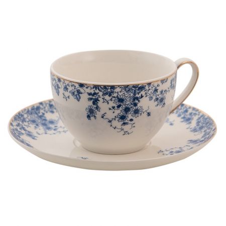 Clayre & Eef Kaffeetasse mit Unterteller 220 ml Blau Porzellan Blumen Tasse mit Unterteller Kaffee