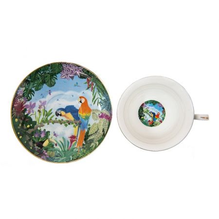 Clayre & Eef Kaffeetasse mit Unterteller 200 ml Grün Porzellan Papageien Tasse mit Unterteller Kaffee