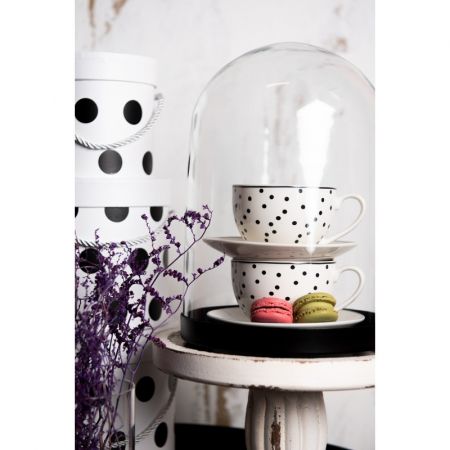 Clayre & Eef Kaffeetasse mit Unterteller 238 ml Weiß Schwarz Porzellan Tasse mit Unterteller Kaffee