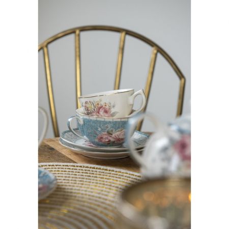 Clayre & Eef Tasse mit Unterteller 220 ml Weiß Porzellan Blumen Kaffee