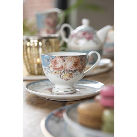 Clayre & Eef Tasse mit Unterteller 200 ml Weiß Blau Porzellan Blumen Kaffee