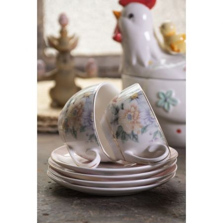 Clayre & Eef Kaffeetasse mit Unterteller 250 ml Weiß Porzellan Blumen Tasse mit Unterteller Kaffee