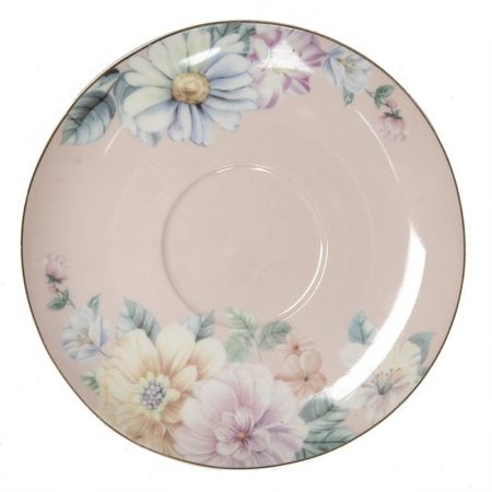 Clayre & Eef Kaffeetasse mit Unterteller 250 ml Weiß Porzellan Blumen Tasse mit Unterteller Kaffee