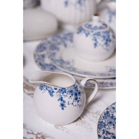 Clayre & Eef Milch und Zucker Set Blau Porzellan Blumen Milchkännchen