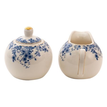 Clayre & Eef Milch und Zucker Set Blau Porzellan Blumen Milchkännchen