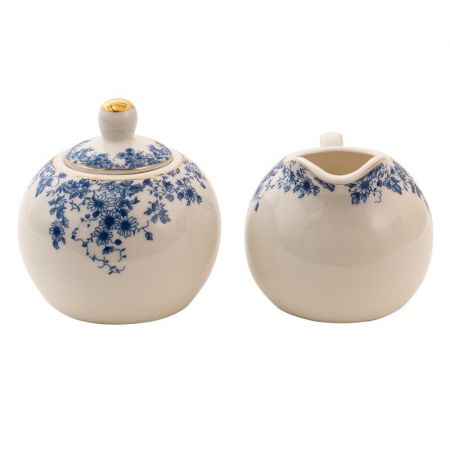 Clayre & Eef Milch und Zucker Set Blau Porzellan Blumen Milchkännchen