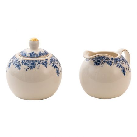 Clayre & Eef Milch und Zucker Set Blau Porzellan Blumen Milchkännchen