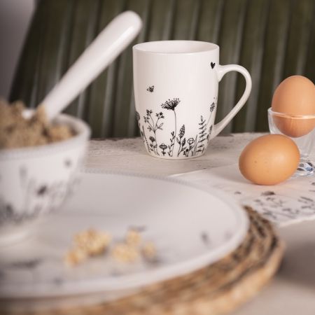 Clayre & Eef Tasse 300 ml Beige Schwarz Porzellan Blumen Kaffeetasse